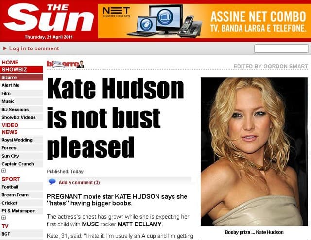 Kate Hudson diz que "odeia" ter seios maiores