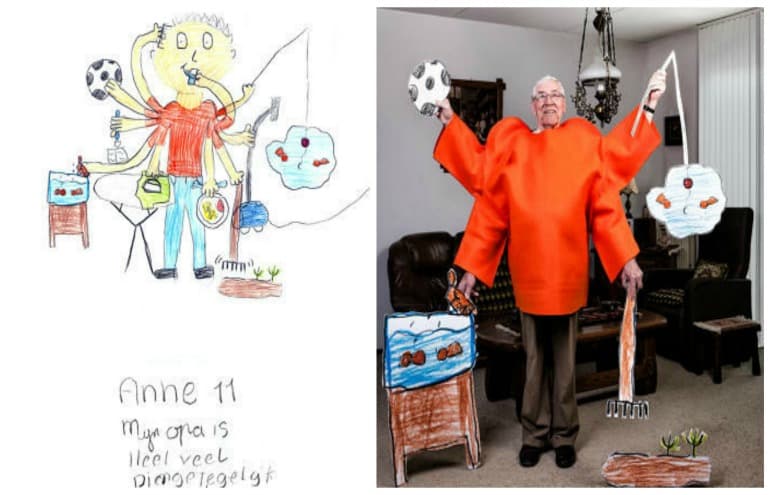 Crianças desenham seus avós e artista incorpora a ideia dos netos em série fotográfica